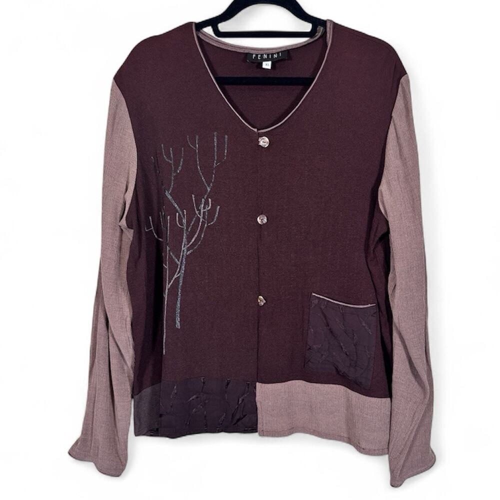 Fenini Brown Tan Patchwork Cardigan Sweater Womens XL Fall Lagenlook Artsy